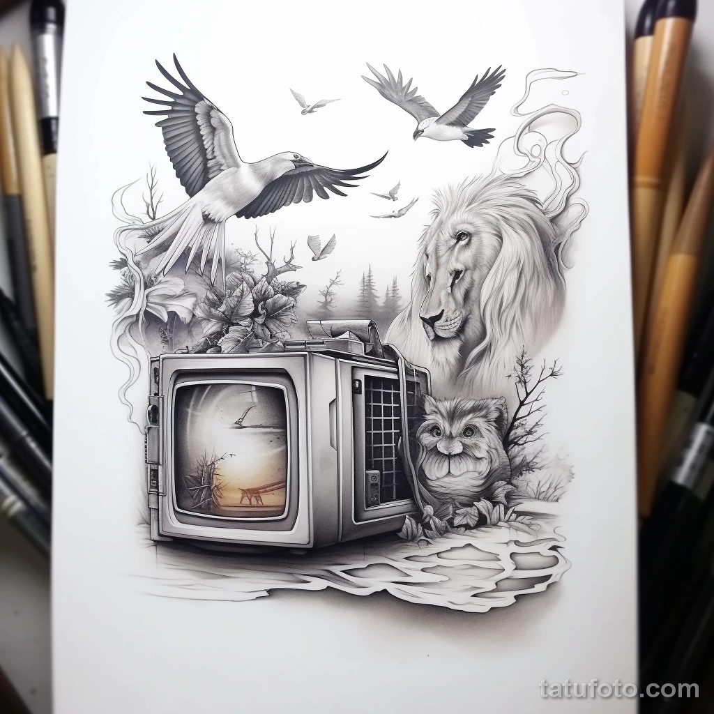 Tattoo sketch of a TV with a wildlife documentary sc badea e f de abcfeed _1 181123 tatufoto.com