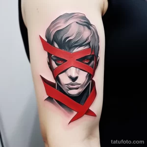 Фото тату на плече с изображением персонажа из X-Men с красными акцентами. Рисунок выполнен в стиле комиксов с использованием черного, серого и красного цветов.