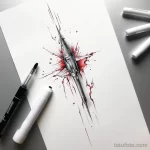 Эскиз татуировки светового меча, пронзающего сердце с красными брызгами. Черно-белый рисунок с ярким акцентом.