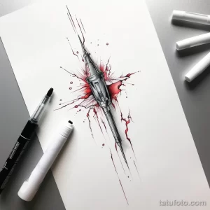 Эскиз татуировки светового меча, пронзающего сердце с красными брызгами. Черно-белый рисунок с ярким акцентом.