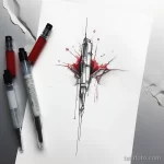 Эскиз татуировки светового меча, пронзающего сердце с красными брызгами. Черно-белый рисунок с ярким акцентом.