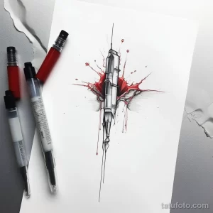 Эскиз татуировки светового меча, пронзающего сердце с красными брызгами. Черно-белый рисунок с ярким акцентом.