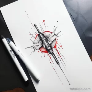 Эскиз татуировки светового меча, пронзающего сердце с красными брызгами. Черно-белый рисунок с добавлением красного цвета.