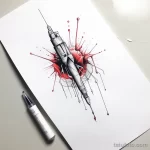 Фото тату: эскиз татуировки, изображающий шприц, из которого вырываются брызги крови, выполненный в реалистичной технике.