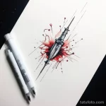Фото тату: эскиз татуировки, изображающий шприц, из которого вырываются брызги крови, выполненный в реалистичной технике.