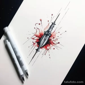 Фото тату: эскиз татуировки, изображающий шприц, из которого вырываются брызги крови, выполненный в реалистичной технике.