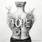 Фото тату надписи 'HOPE' с цветами на женской спине. Черно-белый рисунок татуировки выполнен в детальной технике, с акцентом на плавные линии и тени.