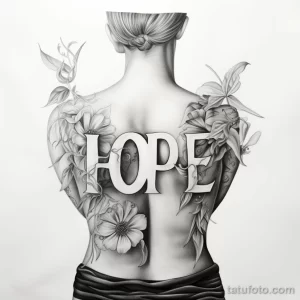 Фото тату надписи 'HOPE' с цветами на женской спине. Черно-белый рисунок татуировки выполнен в детальной технике, с акцентом на плавные линии и тени.