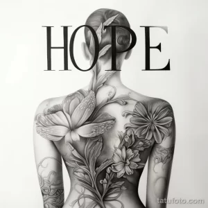 Фото тату надписи 'HOPE' с цветами на женской спине. Черно-белый рисунок татуировки выполнен в детальной технике, с акцентом на плавные линии.