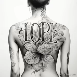 Фото тату надписи 'HOPE' с реалистичными цветами на женской спине. Черно-белый рисунок татуировки выполнен в детальной технике.