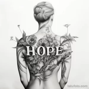 Черно-белая татуировка на спине, с изображением цветов и надписью 'HOPE'. Детализированный рисунок, демонстрирующий мастерство тату-мастера.