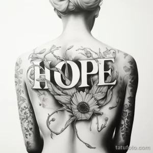 Черно-белая татуировка на спине, с изображением цветов и надписью 'HOPE'. Реалистичный рисунок, демонстрирующий детализацию и мастерство тату-мастера.