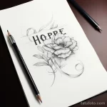 Черно-белый эскиз татуировки с надписью 'HOPE' и цветком розы, выполненный карандашом. Идеально для вдохновения и создания уникального рисунка татуировки.