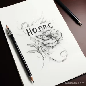 Черно-белый эскиз татуировки с надписью 'HOPE' и цветком розы, выполненный карандашом. Идеально для вдохновения и создания уникального рисунка татуировки.