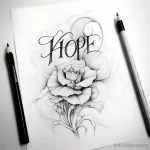 Черно-белый эскиз татуировки с надписью 'HOPE' и цветком розы, выполненный карандашом. Идеально для вдохновения и создания уникального рисунка татуировки.