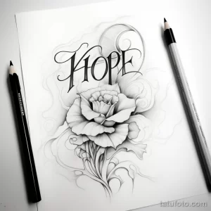 Черно-белый эскиз татуировки с надписью 'HOPE' и цветком розы, выполненный карандашом. Идеально для вдохновения и создания уникального рисунка татуировки.