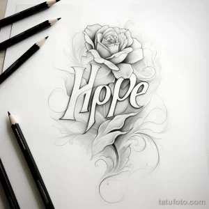 Черно-белый эскиз татуировки с изображением розы и надписью "Hope". Детализированный рисунок с декоративными элементами и карандашами.