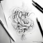 Черно-белый эскиз татуировки с изображением розы и надписью "Hope". Детализированный рисунок с декоративными элементами.