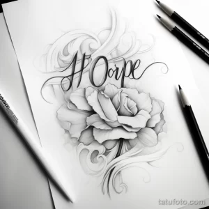 Черно-белый эскиз татуировки с изображением розы и надписью "Hope". Детализированный рисунок с декоративными элементами.