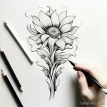 Черно-белый эскиз татуировки подсолнуха, выполненный карандашом. Детализированные лепестки и стебель, окруженные карандашами.