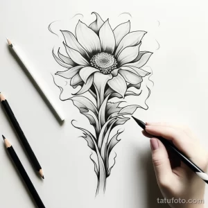 Черно-белый эскиз татуировки подсолнуха, выполненный карандашом. Детализированные лепестки и стебель, окруженные карандашами.