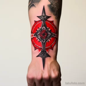 Татуировка компаса на запястье, выполненная в стиле Blackwork с использованием черных линий и красных акцентов.