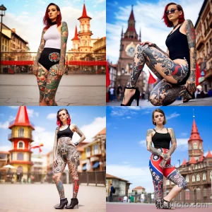 Коллаж из четырех фотографий тату на теле девушки, демонстрирующий различные стили и сюжеты. Татуировки охватывают руки, ноги и туловище.