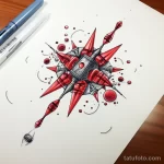Эскиз татуировки с большим красным шаром, покрытым острыми шипами, соединенным с металлической рукоятью. Вокруг шара разбросаны капли и брызги.