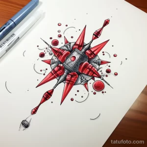 Эскиз татуировки с большим красным шаром, покрытым острыми шипами, соединенным с металлической рукоятью. Вокруг шара разбросаны капли и брызги.