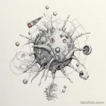 Эскиз татуировки: абстрактный рисунок в черно-белой гамме с изображением сложного узора, состоящего из различных элементов механики и органических форм. Оригинальный эскиз тату.