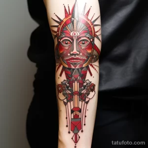 Фото тату: эффектная татуировка на руке с изображением женского лица, выполненного в геометрическом стиле с использованием красных и черных цветов.