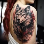 Фото тату волка на плече с изображением огня. Реалистичный портрет волка, яркие красные и оранжевые оттенки пламени, динамичная композиция.