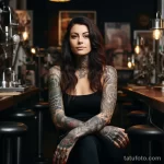 Woman with intricate sleeve tattoos sitting in a tat dab ae bde 231123 tatufoto.com