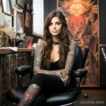 Woman with intricate sleeve tattoos sitting in a tat dab ae bde _1 231123 tatufoto.com
