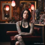 Woman with intricate sleeve tattoos sitting in a tat dab ae bde _1_2 231123 tatufoto.com