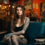 Фото девушки с ярким макияжем и множеством татуировок на теле, сидящей в тату-студии. Стильный образ, татуировки на руках и ногах.