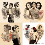 a collage that shows the same beautiful girl with tattoos in 3 different periods of time from our time to the beginning of our era 1 09112023 tatufoto.com 049
