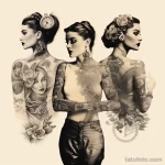a collage that shows the same beautiful girl with tattoos in 3 different periods of time from our time to the beginning of our era 2 09112023 tatufoto.com 050