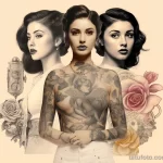 a collage that shows the same beautiful girl with tattoos in 3 different periods of time from our time to the beginning of our era 3 09112023 tatufoto.com 051