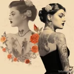 a collage that shows the same beautiful girl with tattoos in 3 different periods of time from our time to the beginning of our era 4 09112023 tatufoto.com 052