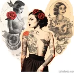 a collage that shows the same beautiful girl with tattoos in 3 different periods of time from our time to the beginning of our era 5 09112023 tatufoto.com 053