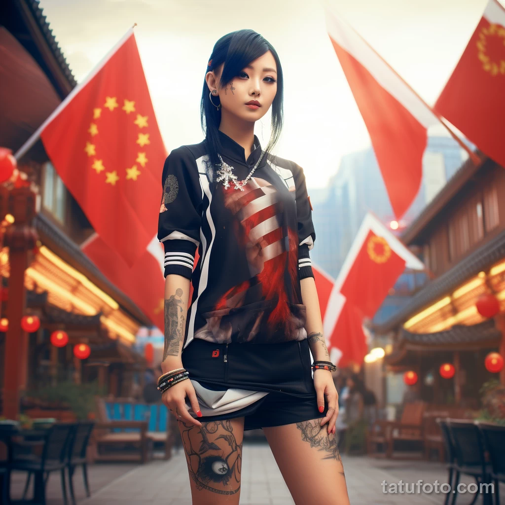 beautiful Chinese girl Full-length girl in a city square with cool tattoos on her body posing dressed in short national clothes, the country’s flag is visible in the background 2 - 08112023 tatufoto.com 55