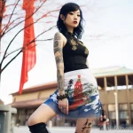 beautiful Chinese girl Full-length girl in a city square with cool tattoos on her body posing dressed in short national clothes, the country’s flag is visible in the background 4 - 08112023 tatufoto.com 57