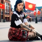 beautiful Chinese girl Full-length girl in a city square with cool tattoos on her body posing dressed in short national clothes, the country’s flag is visible in the background 5 - 08112023 tatufoto.com 58