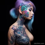 beautiful girl with beautiful realistic tattoos on her body shows the history and development of UV tattoos 2 10112023 tatufoto.com 07