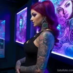 beautiful woman with a poised demeanor, dressed in a sophisticated, casual outfit, is depicted with stunning and realistic tattoos covering her body 3 10112023 tatufoto.com 18
