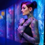 beautiful woman with a poised demeanor, dressed in a sophisticated, casual outfit, is depicted with stunning and realistic tattoos covering her body 4 10112023 tatufoto.com 19