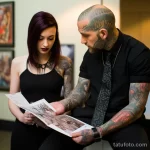 beautiful woman with tattoos is showing a man with tattoos about the risk of developing dermatological issues associated with tattoos 2 09112023 tatufoto.com 069