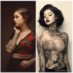 collage that shows the same beautiful girl with tattoos in different eras 2 09112023 tatufoto.com 079