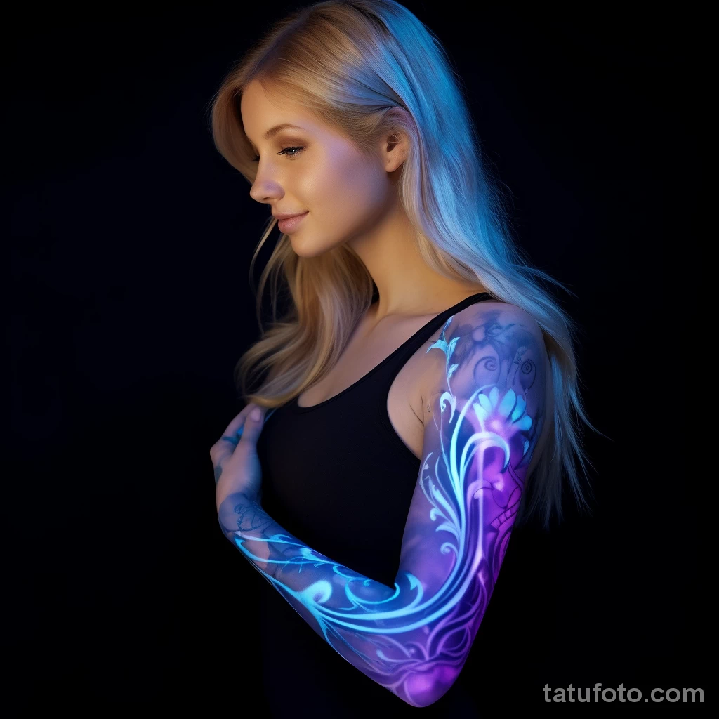 girl with beautiful realistic tattoos on her body shows the safety of UV tattoos 2 10112023 tatufoto.com 22